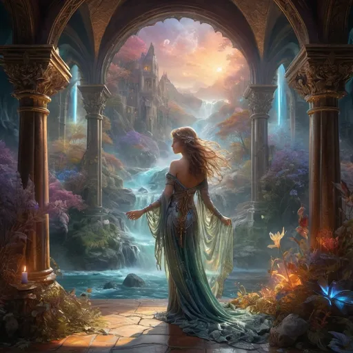 Prompt: The Veil of Eternity
In a realm where time is fluid and dreams manifest as reality, create a scene that captures the essence of mystical beings crossing the boundary between worlds. Fantasy core  by JB, Waterhouse, Josephine Wall, WLOP,  perfect Wide long shot visual @ArtAIJB masterpiece deep color, fantastical, intricate detail, splash screen, complementary colors, fantasy concept art, 8k resolution trending on Artstation Unreal Engine 5 intricately detailed magical fantasy, volumetric lighting, beautifully unique masterpiece Dynamic lighting. 3D shading. Unreal Engine 5. . Rage deep color, fantastical, intricate detail, fantasy concept art, trending on Art station, Unreal Engine 5 , splash screen, complementary colors, professional, surreal lighting 3d render, illustration FULL ZOOMED OUT VIEW illuminated by spotlights, vibrant colors, mist and ethereal smoke hyper detailed sharp details, inspired by mist Thomas Kinkade, Alphonse Mucha, Magali Villeneuve, Tintoretto, Diego Velázquez, Helen Frankenthale