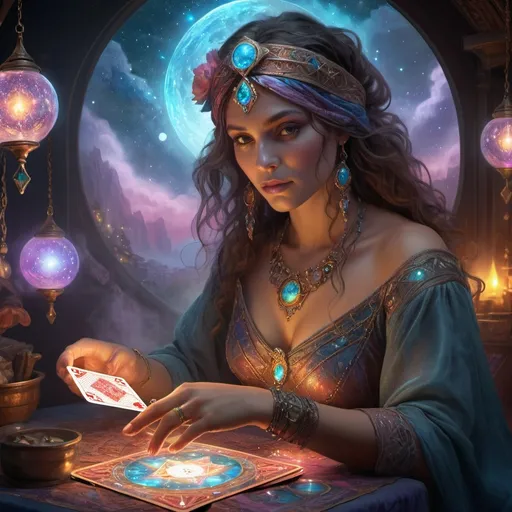 Prompt: Gypsie fortune teller reading the cards. 8k resolution holographic astral cosmic illustration mixed media by Pablo Amaringo
Sparkling and Ethereal 8k resolution, deep color, fantastical, intricate detail, fantasy concept art, trending on Artstation, Unreal Engine 5 , splash screen, complementary colors, professional, art by John Blanche, surreal lighting 3d render, illustration FULL ZOOMED OUT VIEW illuminated by spotlights, vibrant colors, mist and ethereal smoke hyper detailed sharp details, inspired by mist Thomas Kinkade, Alphonse Mucha, Magali Villeneuve, Tintoretto, Diego Velázquez, Helen Frankenthale