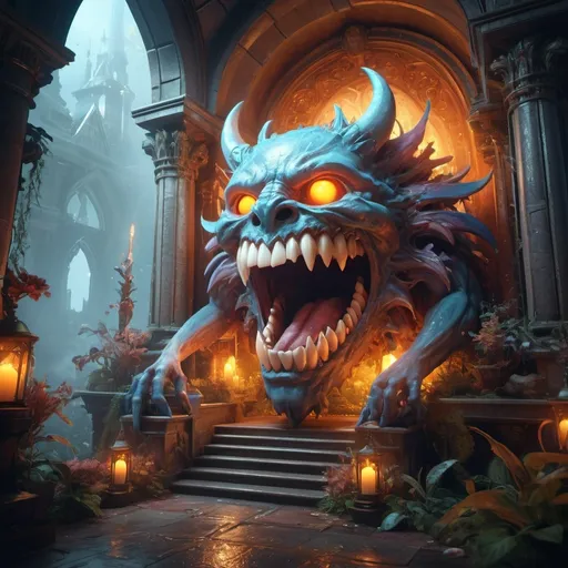 Prompt: Dream of teeth falling out deep color, fantastical, intricate detail, splash screen, complementary colors, fantasy concept art, 8k resolution trending on Artstation Unreal Engine 5 intricately detailed magical fantasy, volumetric lighting, beautifully unique masterpiece Dynamic lighting. 3D shading. Unreal Engine 5. . Rage deep color, fantastical, intricate detail, fantasy concept art, trending on Art station, Unreal Engine 5 , splash screen, complementary colors, professional, surreal lighting 3d render, illustration FULL ZOOMED OUT VIEW illuminated by spotlights, vibrant colors, mist and ethereal smoke hyper detailed sharp details, inspired by mist Thomas Kinkade, Alphonse Mucha, Magali Villeneuve, Tintoretto, Diego Velázquez, Helen Frankenthale