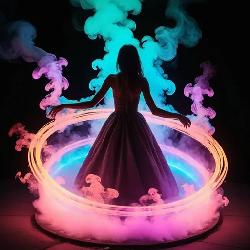 Prompt: Stir the sacred cauldron. Dance along with me. 
Round and round and round we go, Until our hearts are free
Chemiluminescent neon Ephemeral iridescent Smoke