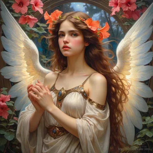 Prompt: (William Waterhouse oil painting), (ethereal angel), beautiful fairy, Chromatic Surrealism, opening hibiscus bud Luminous Fractalia triangular shapes, fishangle lensvibrant, hyper realistic, detailed, duality, contrast mist, swirling. ethereal,, vibrant deep colors hyper detailed illuminated by spotlights, sharp details, vibrant colors, inspired by Thomas Kinkade, Alphonse Mucha, Magali Villeneuve, Tintoretto, Diego Velázquez, Omar Galliani realistic, detailed image, high resolution Painting, illustration, vibrant, cinematic, (William Waterhouse oil painting),Anton Pieck Fusion of (Dark Star Cho'gath) and (Aurelian Sol)