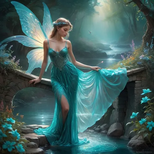 Prompt: A photorealistic hyper wet glossy oil painting of an enchanting and intricate scene featuring a delicate fairy with larger, shimmering, iridescent wings and a flowing ethereal gown, surrounded by beautiful turquoise birds, with a bridge over a turquoise stream and a moody atmosphere with enhanced lighting in the background, incorporating turquoise, black, and aqua tones, created with the highest resolution, with an abundance of turquoise flowers added to the scene luminous, colorful, sparkling refined ethereal mysterious dreamlike hyperdetailed intricately detailed magical fantasy, volumetric lighting, beautifully unique masterpiece, 8k sharp focus qualities, ultra detailed, trending on Artstation, dramatic lighting, FULL ZOOMED OUT VIEW hyper detailed illuminated by spotlights, sharp details, vibrant colors, mist and ethereal smoke hyper detailed illuminated by spotlights, sharp details, vibrant colors, inspired by mist Thomas Kinkade, Alphonse Mucha, Magali Villeneuve, Tintoretto, Diego Velázquez, Helen Frankenthale