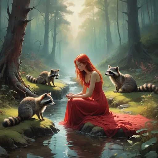 Prompt: A girl  sitting in a clearing in a forest, sitting down with a long red dress and red hair. Surrounded by all of the woodland creatures, elementals, animals. She is holding and loving on a baby raccoon.  Surrounded (almost protected) by forest. And a small stream Ethereal dreamlike quality, surrealistic wonder, oil painting, Salvador Dali, glowing, majestic, 3d render, best quality, colors blend smoothly, medium format, bokeh, realistic fantasy, colorful, intricately detailed, high contrast, artistic.ethereal fantasy hyperdetailed mist Thomas Kinkade, Thai style Poster in a Exquisite Details, Dynamic Lighting, Sharp Focus 64 Megapixels, abstract art, complementary colours, fine details Inspired by the vivid landscapes of Simon Stalenhag, the cinematic drama of Ashley Wood, and the ethereal atmospherics of Zdzislaw Beksinski.