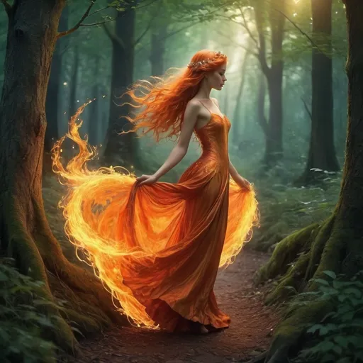 Prompt: Your locks look like dancing flame,
Fallen around You, they look like waves of heat.
So smooth, so beautiful, I only wish to run my fingers through.The fairy's presence brings a sense of magic and wonder to the forest, transforming it into a realm of enchantment.