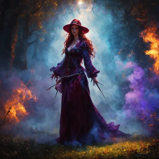 Prompt: The sorceress' fate 8k resolution, deep color, fantastical, intricate detail, fantasy concept art, trending on Artstation, Unreal Engine 5 complementary colors, professional, art by John Blanche, surreal lighting 3d render, illustration FULL ZOOMED OUT VIEW illuminated by spotlights, vibrant colors, mist and ethereal smoke hyper detailed sharp details, inspired by Thomas Kinkade, Alphonse Mucha, Magali Villeneuve, Tintoretto, Diego Velázquez, Helen Frankenthale