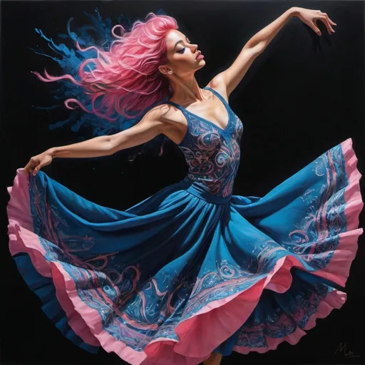 Prompt: A mesmerizing hyperrealistic painting by Monica Ariana, featuring a captivating female dancer dressed in a stunning classic blue ethereal embroidery outfit. Her flowing, luminous pink hair contrasts dramatically with the dark black background, highlighting the dancer's vibrant attire. The artist's signature style blends striking contrasts and vivid colors, creating an unforgettable visual experience. The dancer's graceful pose and the swirling patterns of her skirt add to the overall sense of movement and energy in the artwork. The painting is signed by Monica Ariana, and its vibrant colors and sharp details create a cinematic atmosphere that draws viewers in. The artwork is surrounded by colorful graffiti and urban elements, giving it a contemporary and street art vibe., illustration, vibrant, graffiti, painting