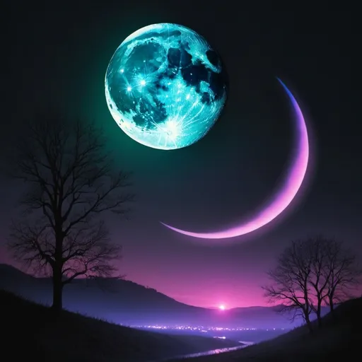 Prompt: Dark Moon, We Hear You Call Us; 
Bright Moon, We Call Your Name
Crescent Moon, We Sing With You; 
Chemiluminescent neon Ephemeral iridescent Smoke