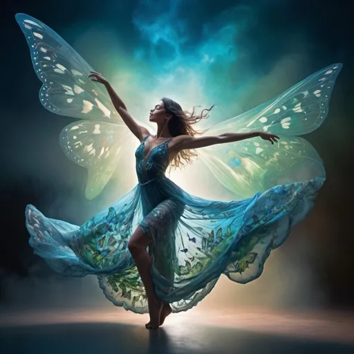 Prompt: A stunning, surreal image of a captivating dancer suspended in mid-air, embodying the essence of a butterfly. She is dressed in a flowing, vibrant silky embroidery gown that blends blue and green tones, with her silhouette framed against the contrasting shadows and light. She seems to be dancing at the intersection of darkness and light, representing her existence on the razor's edge where both elements coexist. The background reveals a mysterious, ethereal sky scene with clouds and moonbeams with a sense of enchantment and wonder., dark fantasy, vibrant, 8k resolution holographic astral cosmic illustration mixed media by Pablo Amaringo ethereal fantasy hyperdetailed mist Thomas Kinkade Bioluminescence. Unnatural colours. Inverted colours. blue mist, swirling lights in sky blue, ethereal, blue hue, vibrant deep colors hyper detailed illuminated by spotlights, sharp details, vibrant colors, mist inspired by Thomas Kinkade, Alphonse Mucha, Magali Villeneuve, Tintoretto, Diego Velázquez, Helen Frankenthale