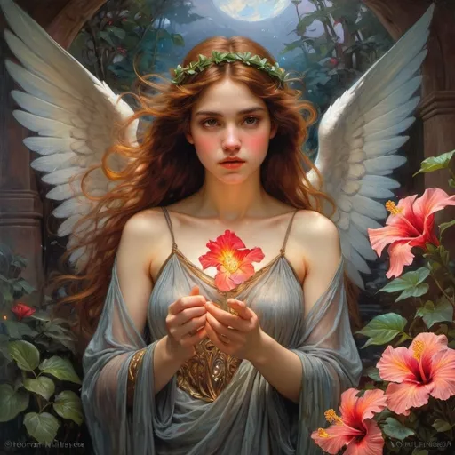 Prompt: (William Waterhouse oil painting), (ethereal angel), beautiful fairy, Chromatic Surrealism, opening hibiscus bud Luminous Fractalia triangular shapes, fishangle lensvibrant, hyper realistic, detailed, duality, contrast mist, swirling. ethereal,, vibrant deep colors hyper detailed illuminated by spotlights, sharp details, vibrant colors, inspired by Thomas Kinkade, Alphonse Mucha, Magali Villeneuve, Tintoretto, Diego Velázquez, Omar Galliani realistic, detailed image, high resolution Painting, illustration, vibrant, cinematic, (William Waterhouse oil painting),Anton Pieck Fusion of (Dark Star Cho'gath) and (Aurelian Sol)