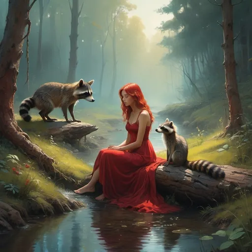 Prompt: A girl  sitting in a clearing in a forest, sitting down with a long red dress and red hair. Surrounded by all of the woodland creatures, elementals, animals. She is holding and loving on a baby raccoon.  Surrounded (almost protected) by forest. And a small stream Ethereal dreamlike quality, surrealistic wonder, oil painting, Salvador Dali, glowing, majestic, 3d render, best quality, colors blend smoothly, medium format, bokeh, realistic fantasy, colorful, intricately detailed, high contrast, artistic.ethereal fantasy hyperdetailed mist Thomas Kinkade, Thai style Poster in a Exquisite Details, Dynamic Lighting, Sharp Focus 64 Megapixels, abstract art, complementary colours, fine details Inspired by the vivid landscapes of Simon Stalenhag, the cinematic drama of Ashley Wood, and the ethereal atmospherics of Zdzislaw Beksinski.