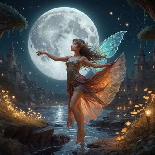 Prompt: A Fairy dancing on the moon. Silver sparkles, masterpiece, 8k resolution. light dust, fantasy,  FIREFLIES, James R. Eads, NIGHTTIME Fantasy core  by JB, Waterhouse, Josephine Wall, WLOP,  perfect Wide long shot visual @ArtAIJB masterpiece deep color, fantastical, intricate detail, splash screen, complementary colors, fantasy concept art, 8k resolution trending on Artstation Unreal Engine 5 intricately detailed magical fantasy, volumetric lighting, beautifully unique masterpiece Dynamic lighting. 3D shading. Unreal Engine 5. . Rage deep color, fantastical, intricate detail, fantasy concept art, trending on Art station, splash screen, complementary colors, professional, surreal lighting 3d render, illustration FULL ZOOMED OUT VIEW  hyper detailed sharp details, inspired by Thomas Kinkade, Alphonse Mucha, Magali Villeneuve, Tintoretto, Diego Velázquez, Helen Frankenthale