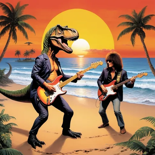 Prompt: a t rex band playing music on a sunset beach music album cover