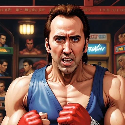Prompt: nicolas cage as a neo geo street fighter
