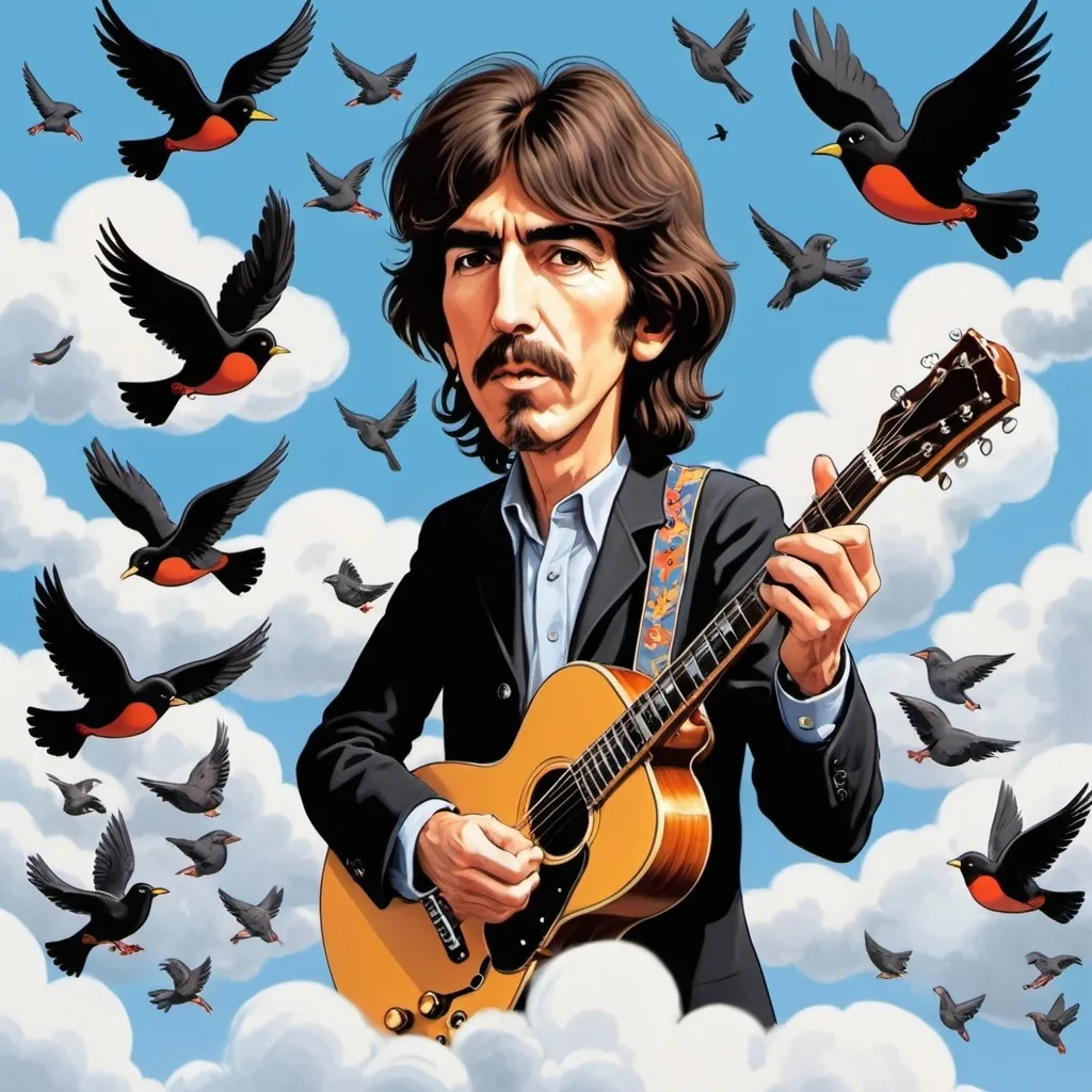 Prompt: george harrison flying through clouds in the sky surrounded by birds in a cartoon style