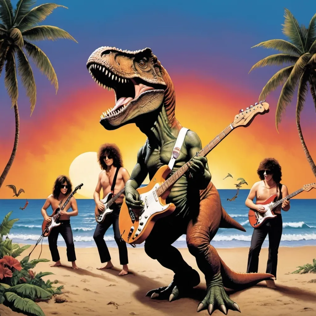 Prompt: a t rex band playing music on a sunset beach music album cover