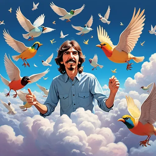 Prompt: george harrison flying through clouds in the sky surrounded by birds in a cartoon style