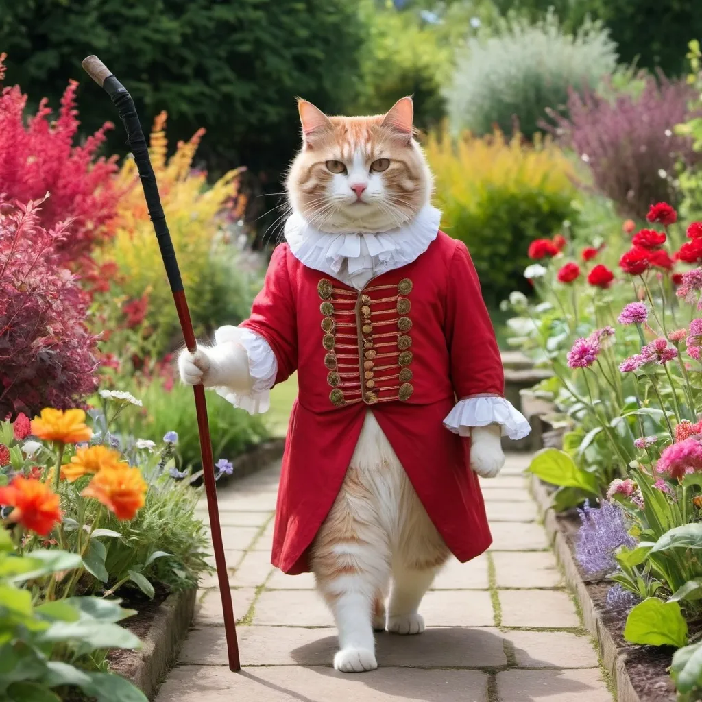 Prompt: a cat in red regency clothing and a stick walking through a colourful garden