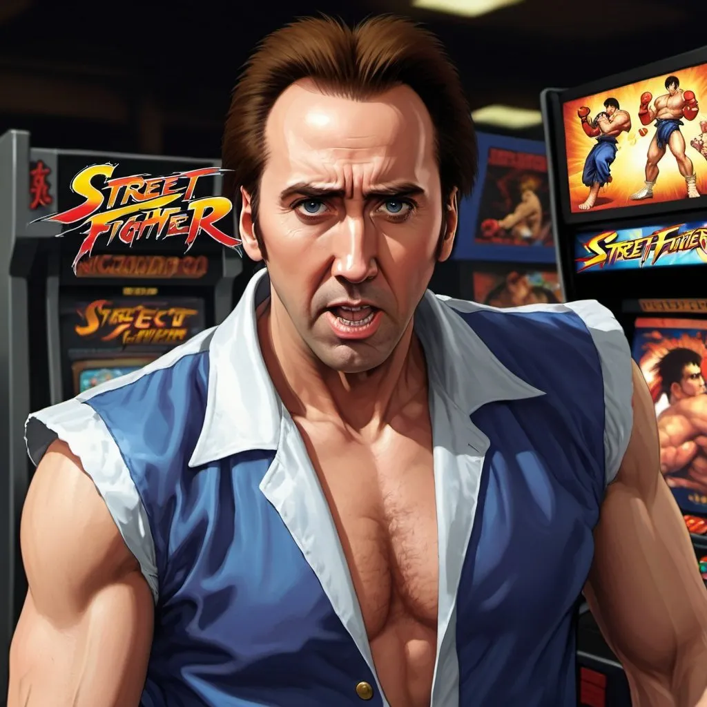 Prompt: nicolas cage as a neo geo street fighter