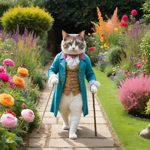 Prompt: a cat in regency clothing and a stick walking through a colourful garden