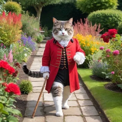 Prompt: a cat in red regency clothing and a stick walking through a colourful garden