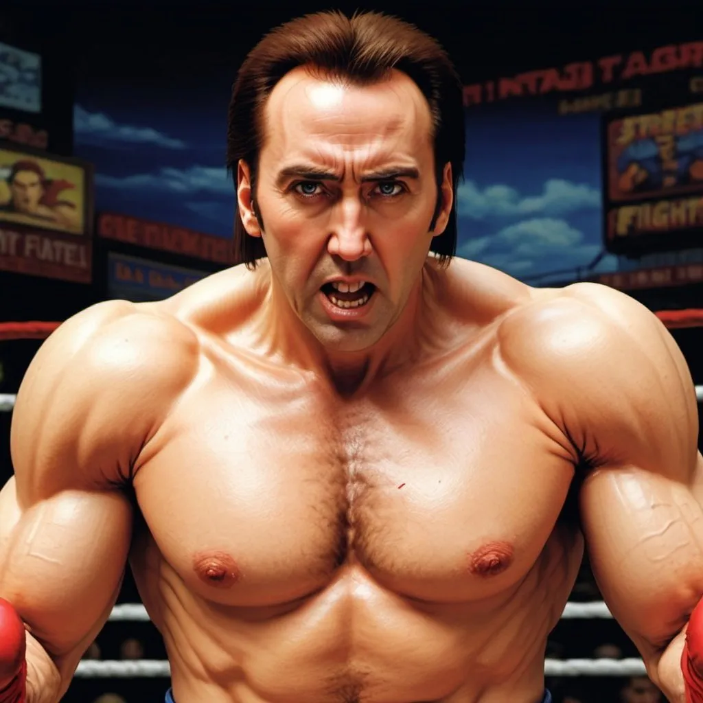 Prompt: nicolas cage as a neo geo street fighter