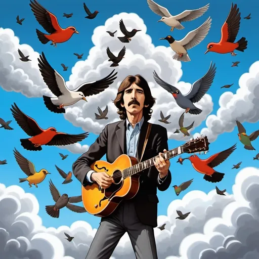 Prompt: george harrison flying through clouds in the sky surrounded by birds in a cartoon style