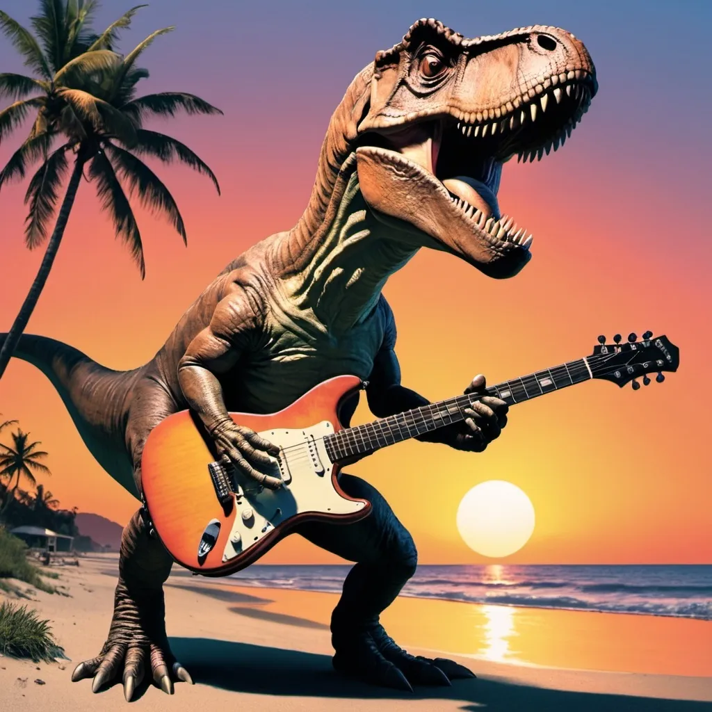 Prompt: a t rex playing a guitar on a sunset beach music album cover