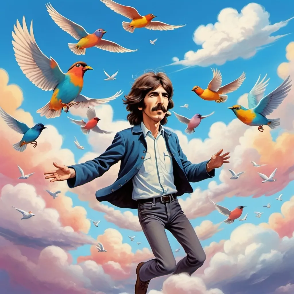 Prompt: george harrison flying through clouds in the sky surrounded by birds in a cartoon style