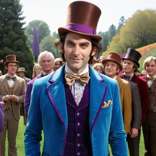 Prompt: Wes Bentley plays a Gene Wilder inspired Willy Wonka wearing a blue suit, top hat, and cane. Slightly looking down while grinning evilly from ear to ear 