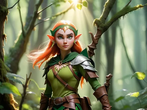 Prompt: Elf ranger in a mystical forest around sunlight
