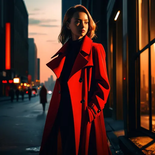 Prompt: Woman in (red overcoat), elegant posture, (draping fabric), striking contrast, (vibrant colors), cinematic lighting, (soft focus around edges), city street background, (moody atmosphere), evening glow, (ultra-detailed), (high quality), stylish accessories, (professional and poised vibe), shadows casting, urban environment, hints of architecture in the distance.