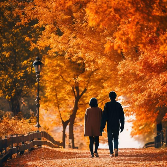 Prompt: A couple walk through the autumn scenery.