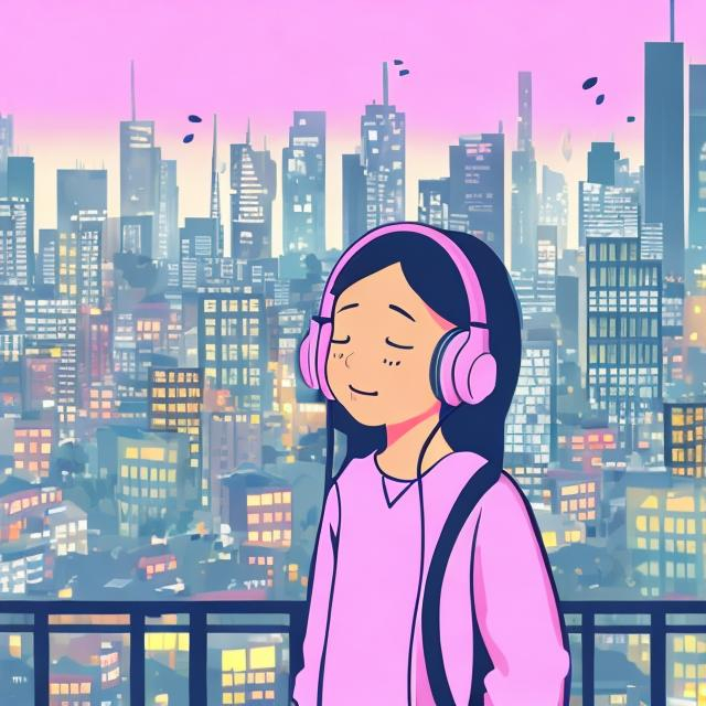 Prompt: A girl is wearing headphone, listening a song while looking at the big city outside of her room.