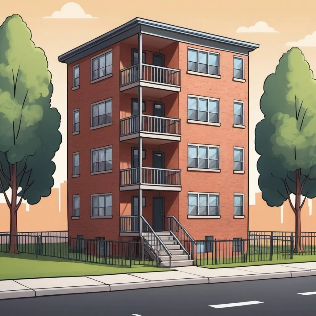 Prompt: A cartoon image of a small multi family apartment building 