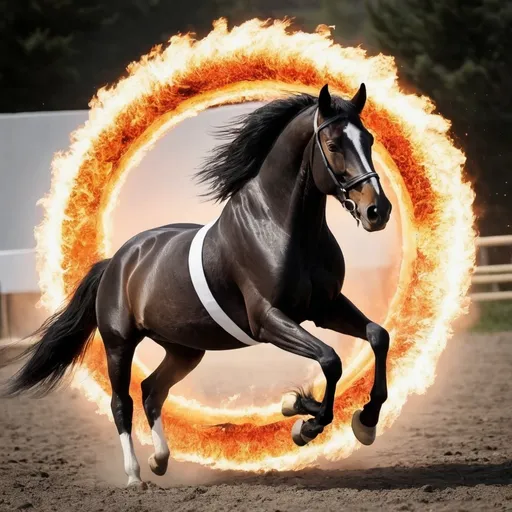 Prompt: Female black horse with white head strip jumping through a ring of fire