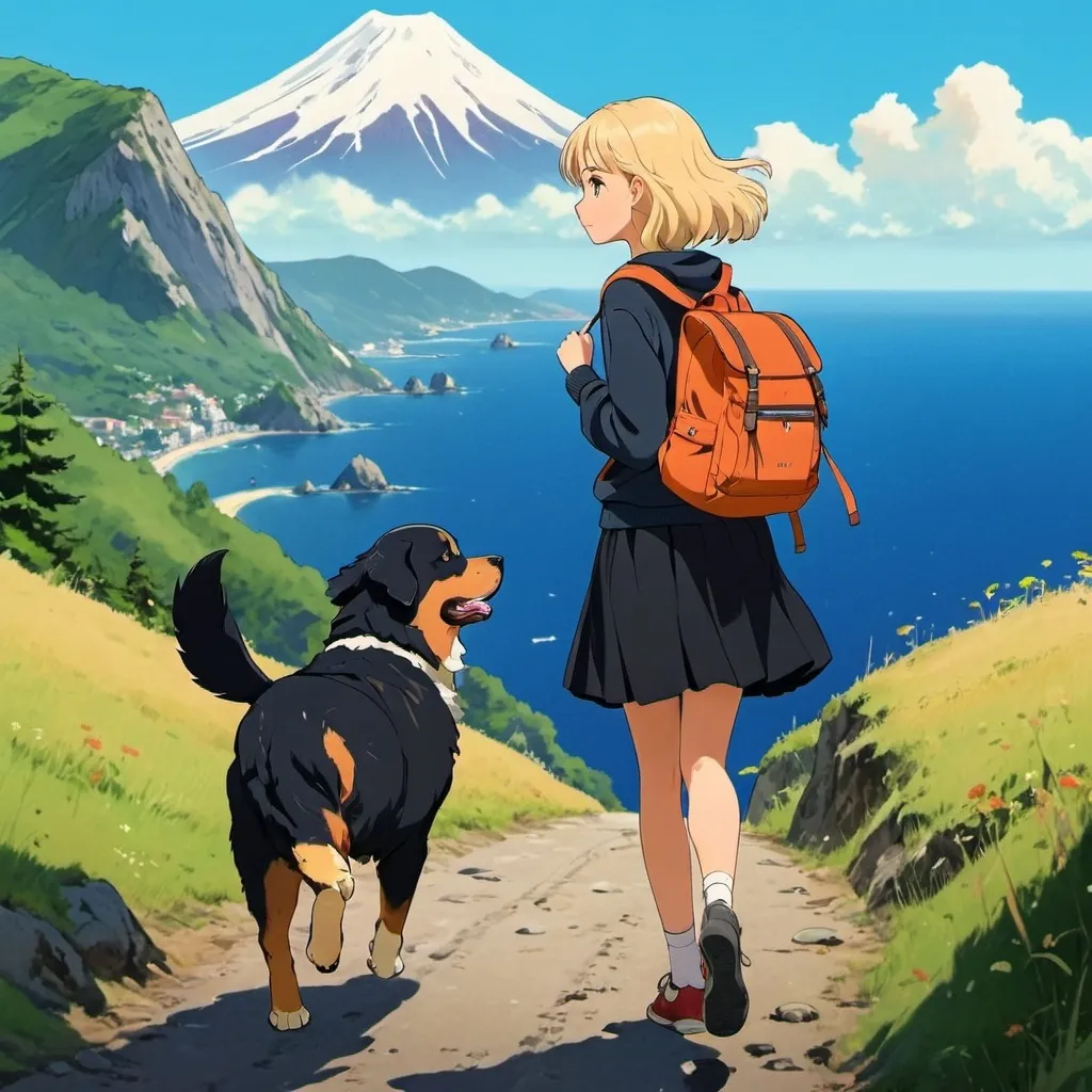 Prompt: 2d stuidio ghibli anime style, blond girl with a multicolore backpack. She is wearing black skirt and sweatshirt
She iswalking on a mountain watching the sea. she is with a bernese mountain dog