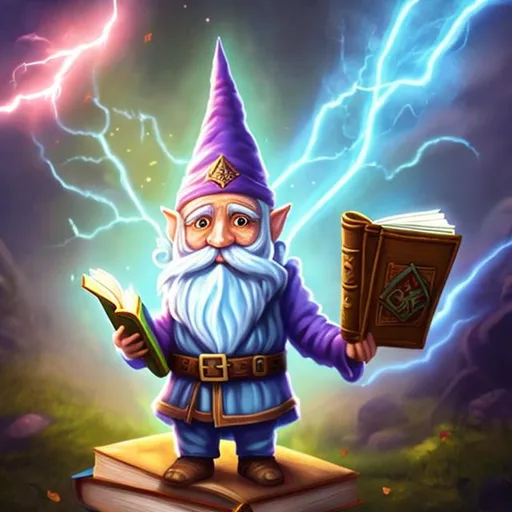 Prompt: Wizard gnome with magical book in his hand and lightning 