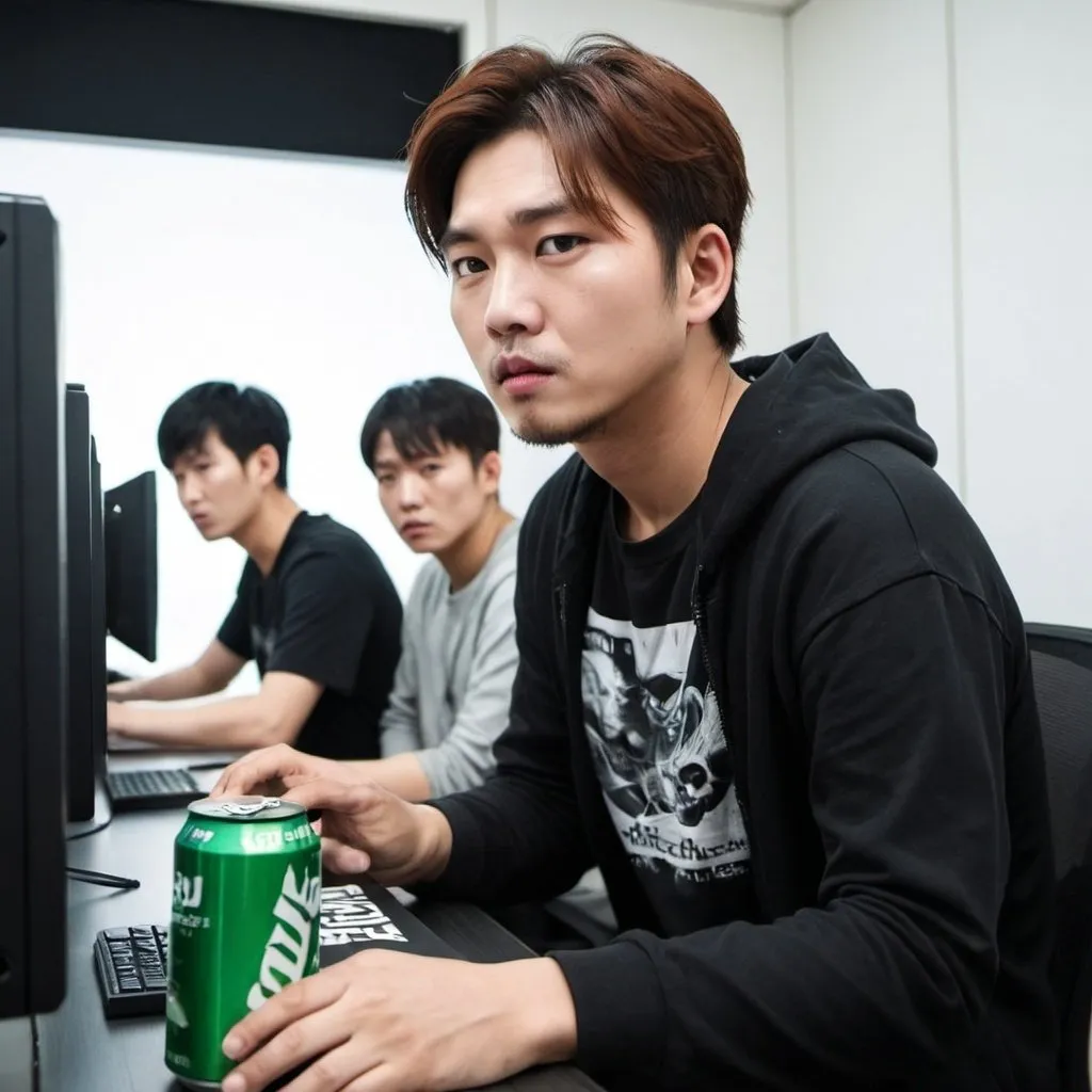 Prompt: Sure, here's the script translated into English:

---

**Panel 1:**

(Yoo Sanghyuk is sitting in front of a computer playing a game.)

Yoo Sanghyuk: "This time, I have to win!"

**Panel 2:**

(Yoo Sanghyuk is looking at the game over screen with a disappointed expression.)

Yoo Sanghyuk: "Ah... lost again."

**Panel 3:**

(Yoo Sanghyuk stands up with a determined expression.)

Yoo Sanghyuk: "This time, I'm really going to win!"

**Panel 4:**

(Yoo Sanghyuk is back at the computer, starting the game again. In the background, there is a pile of empty energy drink cans.)

Yoo Sanghyuk: "This time for sure...!"

---

I hope your friend enjoys the comic!