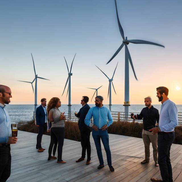 Prompt: A racially diverse (white, black and south asian) group of offshore wind professionals networking outside with beer and wine at the edge of the sea with offshore wind turbines in the background at sunset