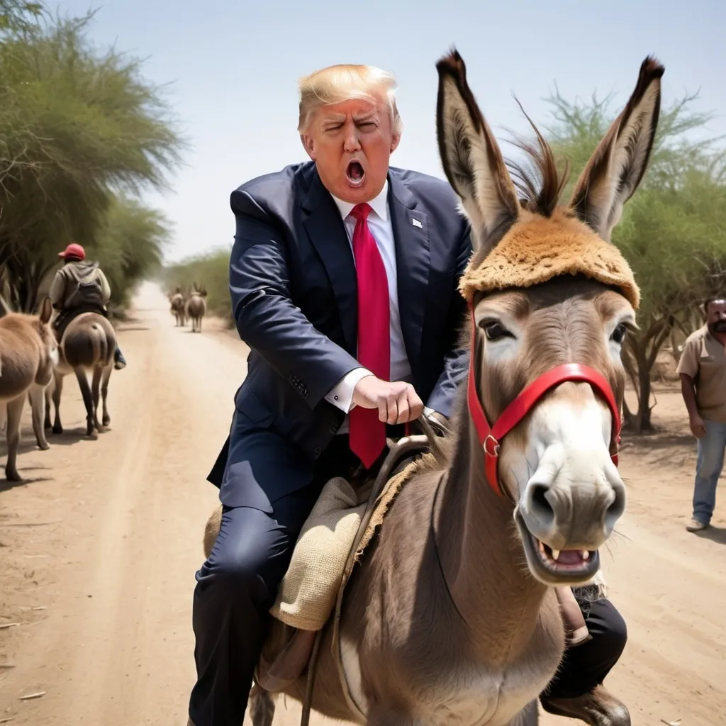 Prompt: Picture of a grumpy Donald trump riding a donkey and scared to death of the fonkey