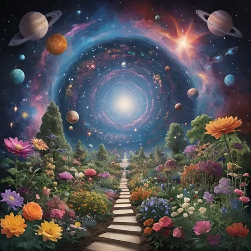 Prompt: Garden of the universe, initted into the cosmic entaglement.