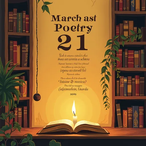 Prompt: La Crea un poster en formato vertical, Sobre el día internacional de la poesía, en el que se muestren los libros más relevantes de poesía latinoamericana, incluye el texto “21 de marzo” en una tipografía esbelta y elegante usando colores cálidos, con una atmosfera como de luz de vela.