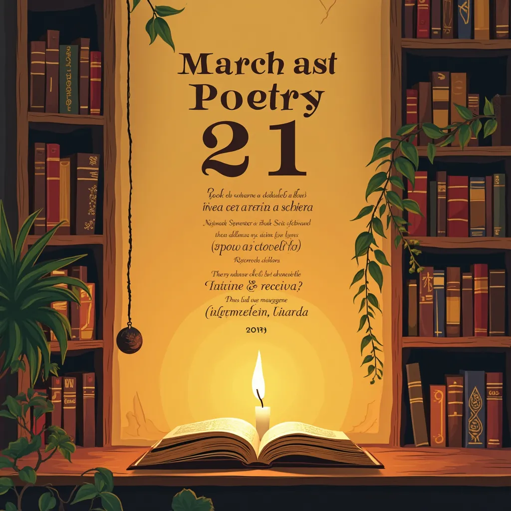 Prompt: La Crea un poster en formato vertical, Sobre el día internacional de la poesía, en el que se muestren los libros más relevantes de poesía latinoamericana, incluye el texto “21 de marzo” en una tipografía esbelta y elegante usando colores cálidos, con una atmosfera como de luz de vela.