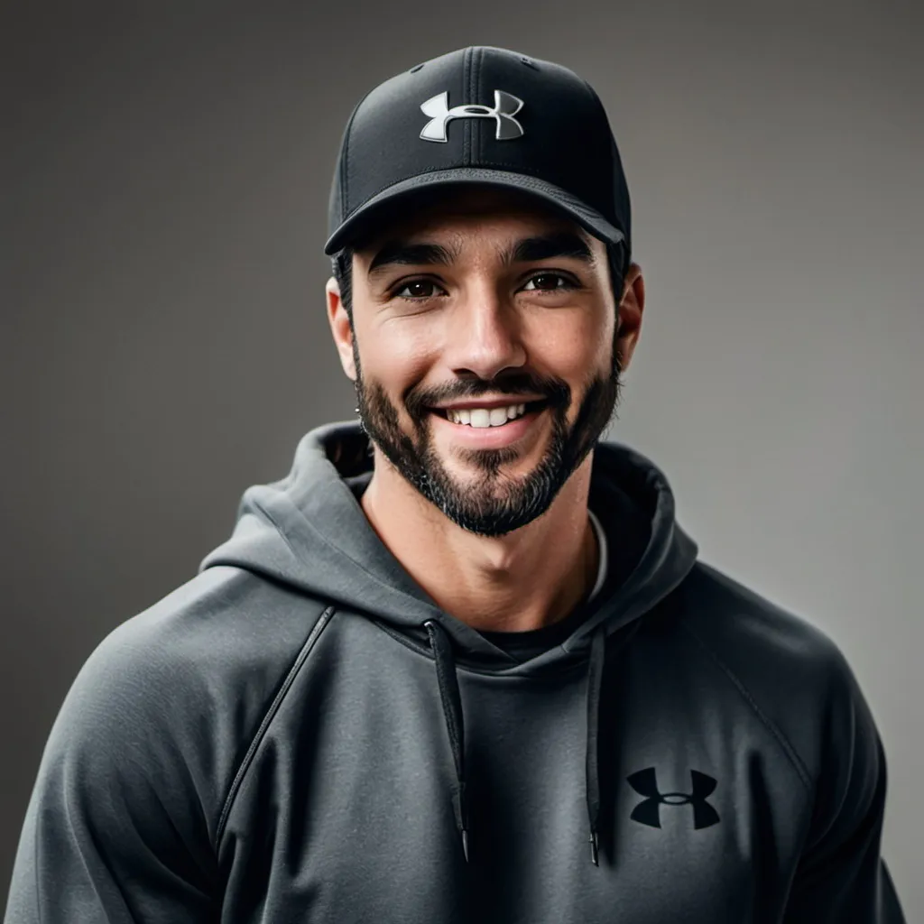 Prompt: a man with a black hair with smile and  a black under armour hat with a long black beard and brown eyes and a sweatshirt and jeans