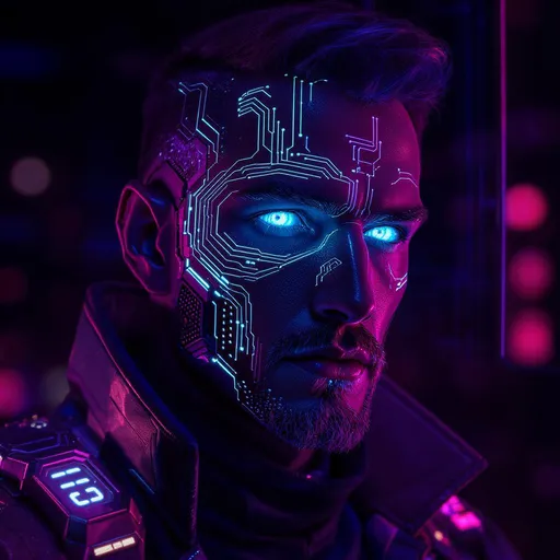 Prompt: Futuristic male avatar, sharp facial features, glowing blue eyes, cyberpunk techwear, digital face enhancements, neon lighting (purple, blue, pink), moody background, high contrast, epic lighting, symmetrical composition, bold and confident expression, cinematic portrait, ultra-detailed, perfect for social media profile, iconic and unforgettable AI circuits glowing on face
