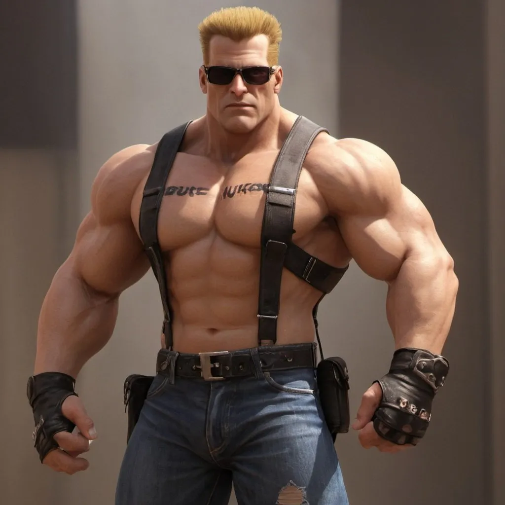 Prompt: duke nukem with ripped athletic body and dukenukem t shirt 