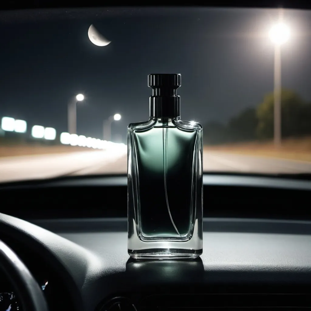 Prompt: Empty cologne bottle on car dashboard, sleek modern, masculine, night, on the Highway, mist, moon