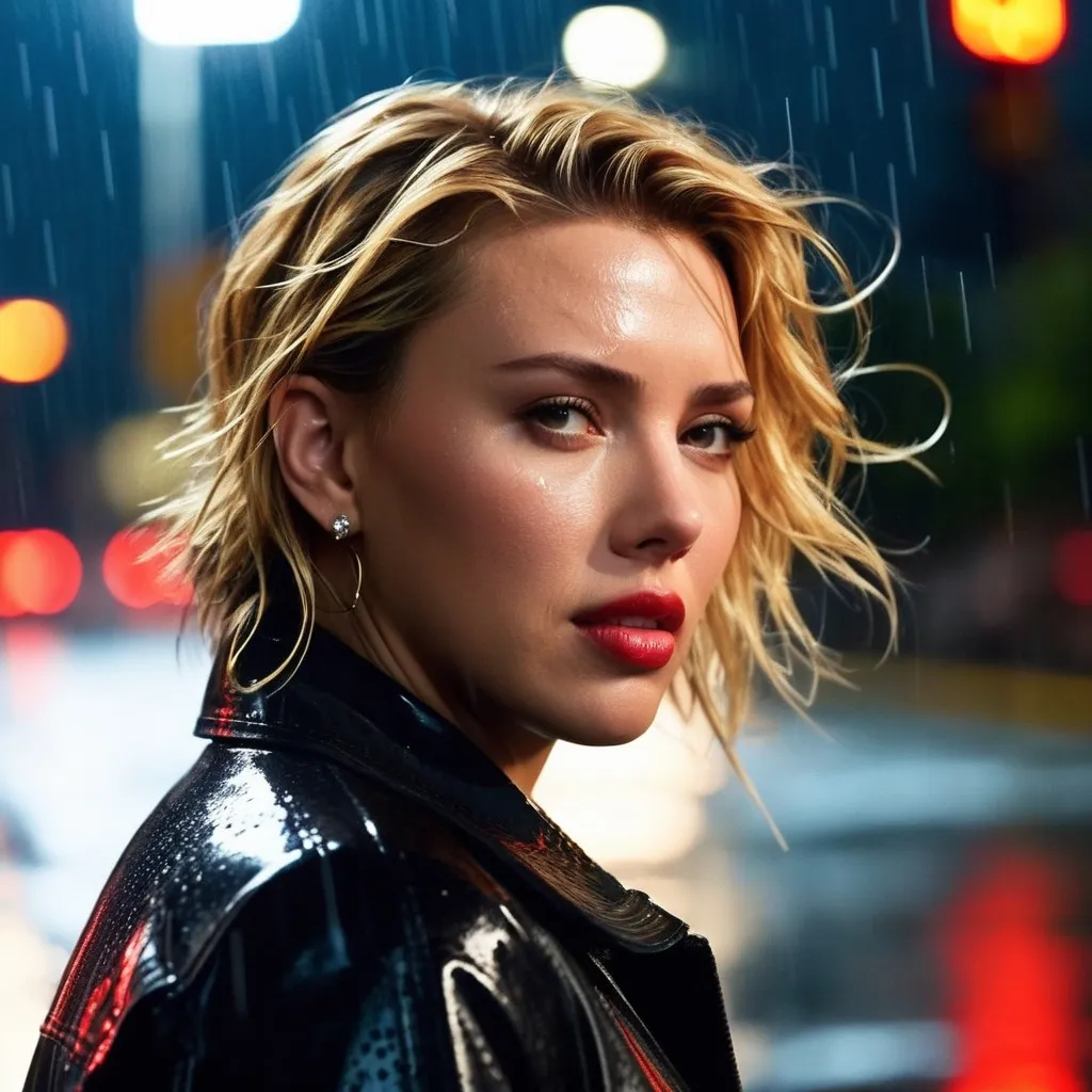 Prompt: Scarlett Johansson Ultra realistic Scarlett Johansson, heavy wet eye makeup,  wet blonde hair, wet hair, tanned skin, exposed intimacy, crying look, full body image, dim light, at rainy night, wet skin, wet face, in new york, rainy