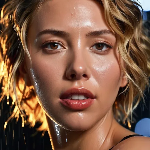 Prompt: Scarlett Johansson Ultra realistic Scarlett Johansson, heavy wet eye makeup,  wet blonde hair, wet hair, tanned skin, exposed intimacy, crying look, full body image, dim light, at rainy night, wet skin, wet face, in new york, rainy