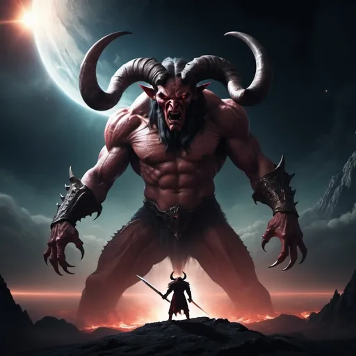 Prompt: Photorealistic picture. View from eart to an Enormous satan-like creature who is there to destroy our world with a sword. The creature has 2 horns on its head and One eye that emits light. Space in the background. Dark colours, desperate atmosphere.